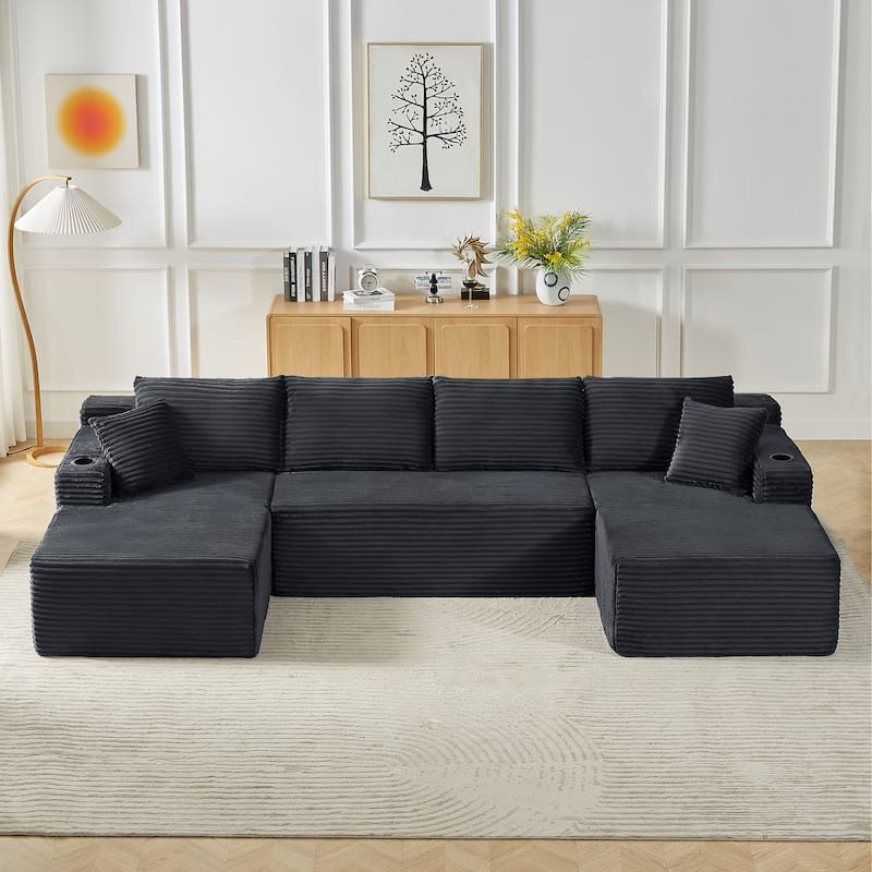Minimalist Modular Lounge Couch U-shaped Sectional Sofa with Chaise, Corduroy Sleeper Sofa Bed with Side Pockets and Cup Holders