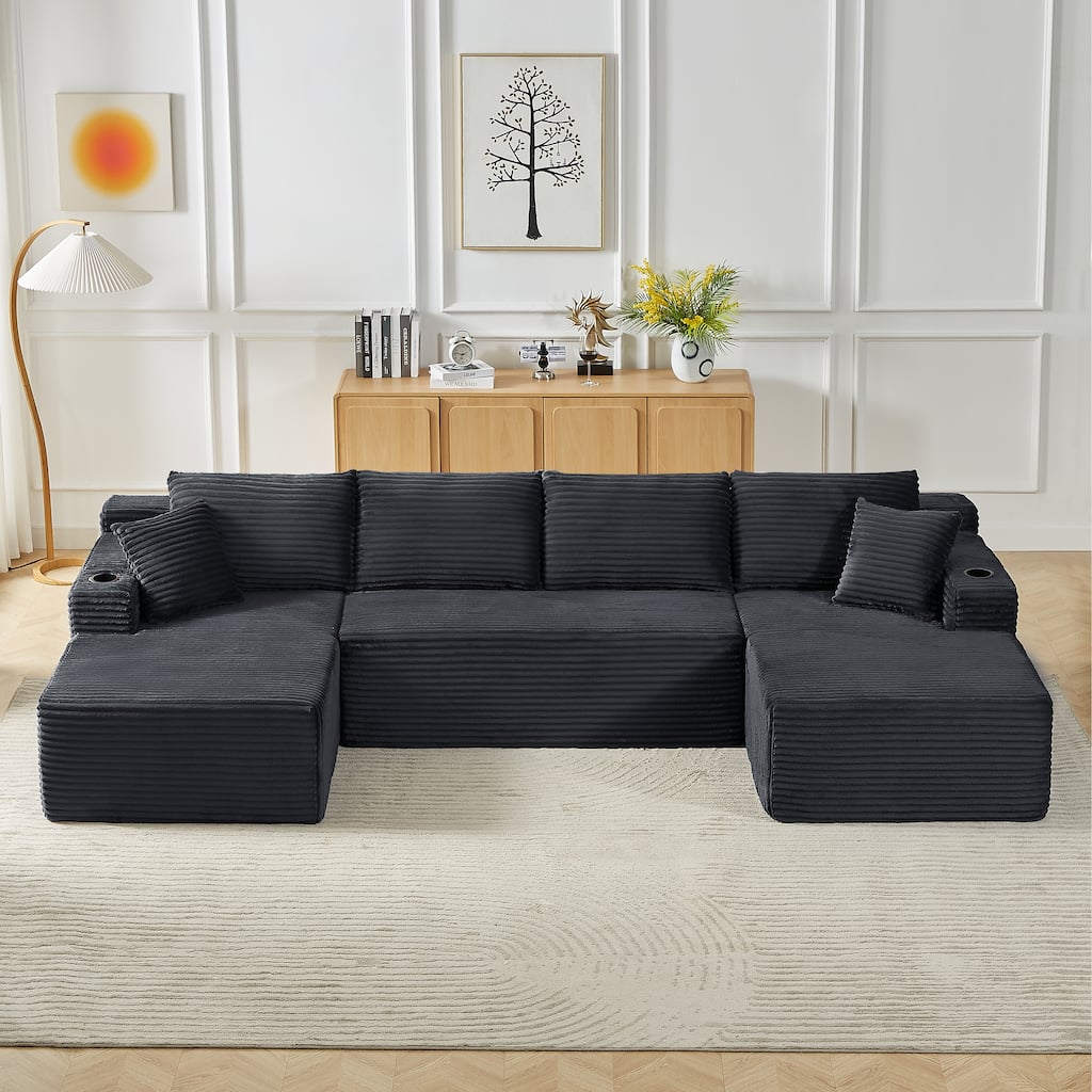 U-Shaped Modular Sectional Sofa with Dual Chaise Lounges, Corduroy Cloud Couch with Cup Holders, Compressible Deep Seat Sofa