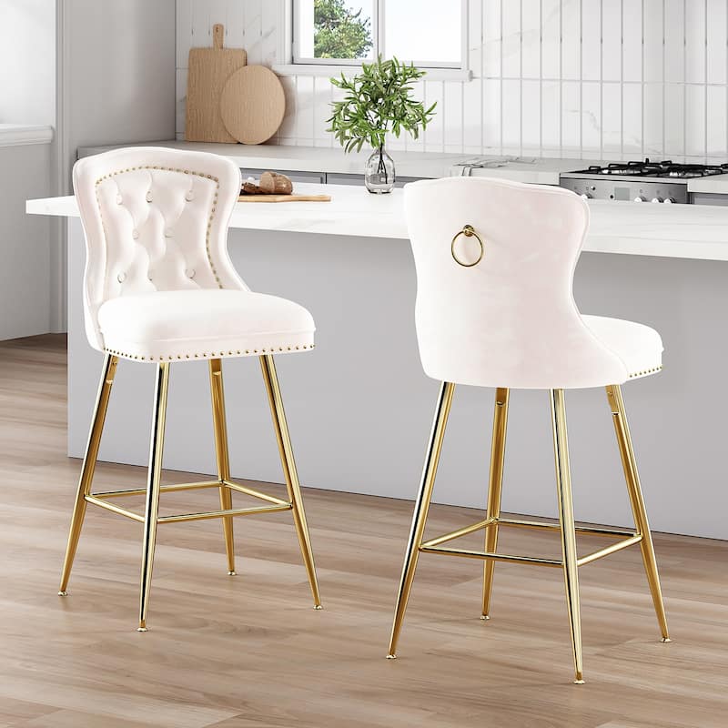 Bar Stools Set of 2, Velvet Counter Height Bar Stools with Metal Legs, Button Tufted and Nailheads Trim, Wing-Back Bar Chairs
