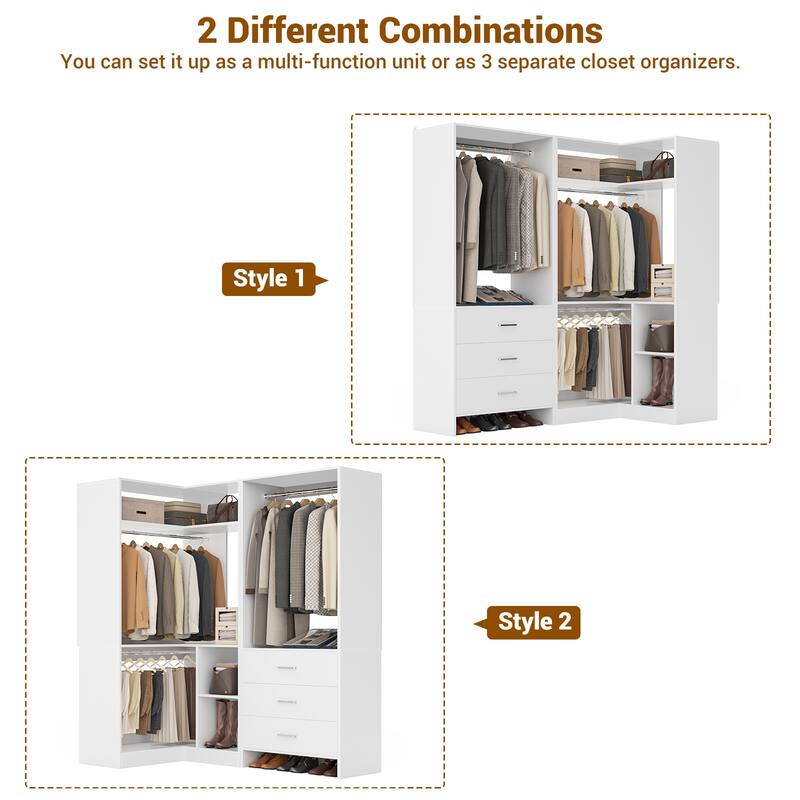 Set of 2 Freestanding Corner Closet Organizer with Drawers, Walk-in Closet System with Hanging Rods