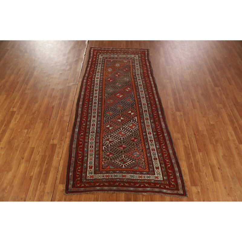 Hand Knotted Oriental 100% Wool Carpet Traditional Geometric Oranges & Rust Kazak Runner Rug - 8' 6'' X 3' 8''
