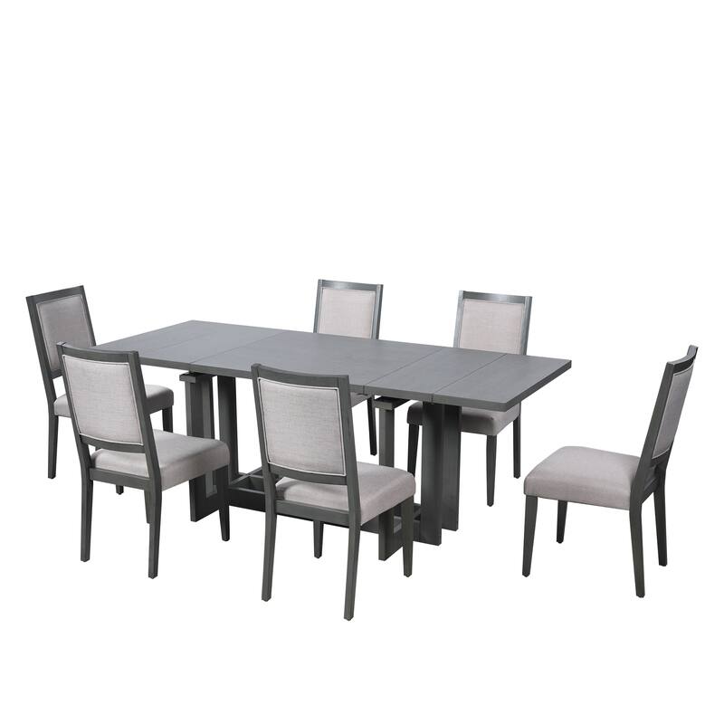 82" Rustic Extendable Dining Table Set: 7-Piece Trestle Table with 6 Upholstered Chairs & 2 Removable Leaves