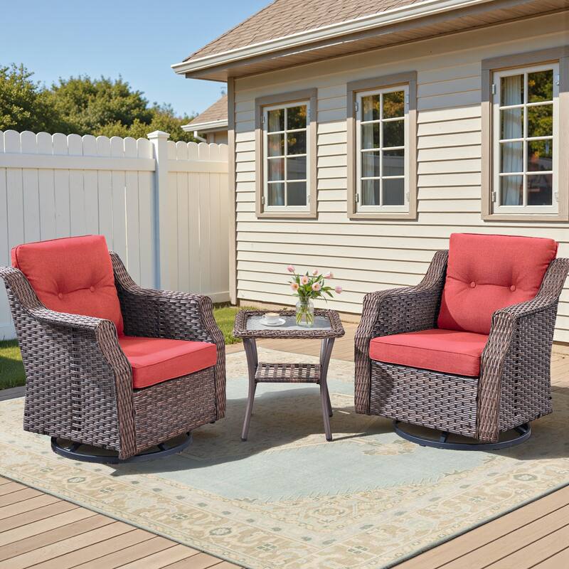 Pocassy Outdoor Swivel Chair Glider Chair with Side Table - Brown Wicker Beige Cushion - 3-Piece Swivel Chair with Side Table