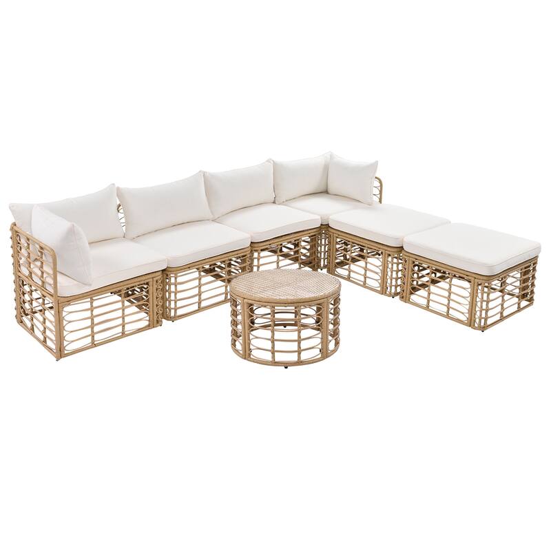 7-Pieces Outdoor Wicker Modular Sectional Sofa Set with Coffee Table, Free Combination