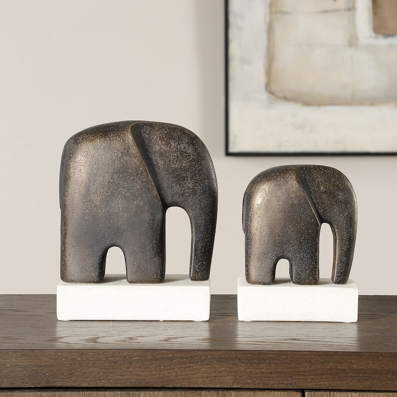 Elephant Sculptures with Marble Base - 9" - Antique Bronze Finish - Set of 2