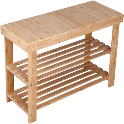Bamboo Shoe Rack Bench 3 Tier Entryway Seat Shoe - 10.9"D x 27.6"W x 17.8"H