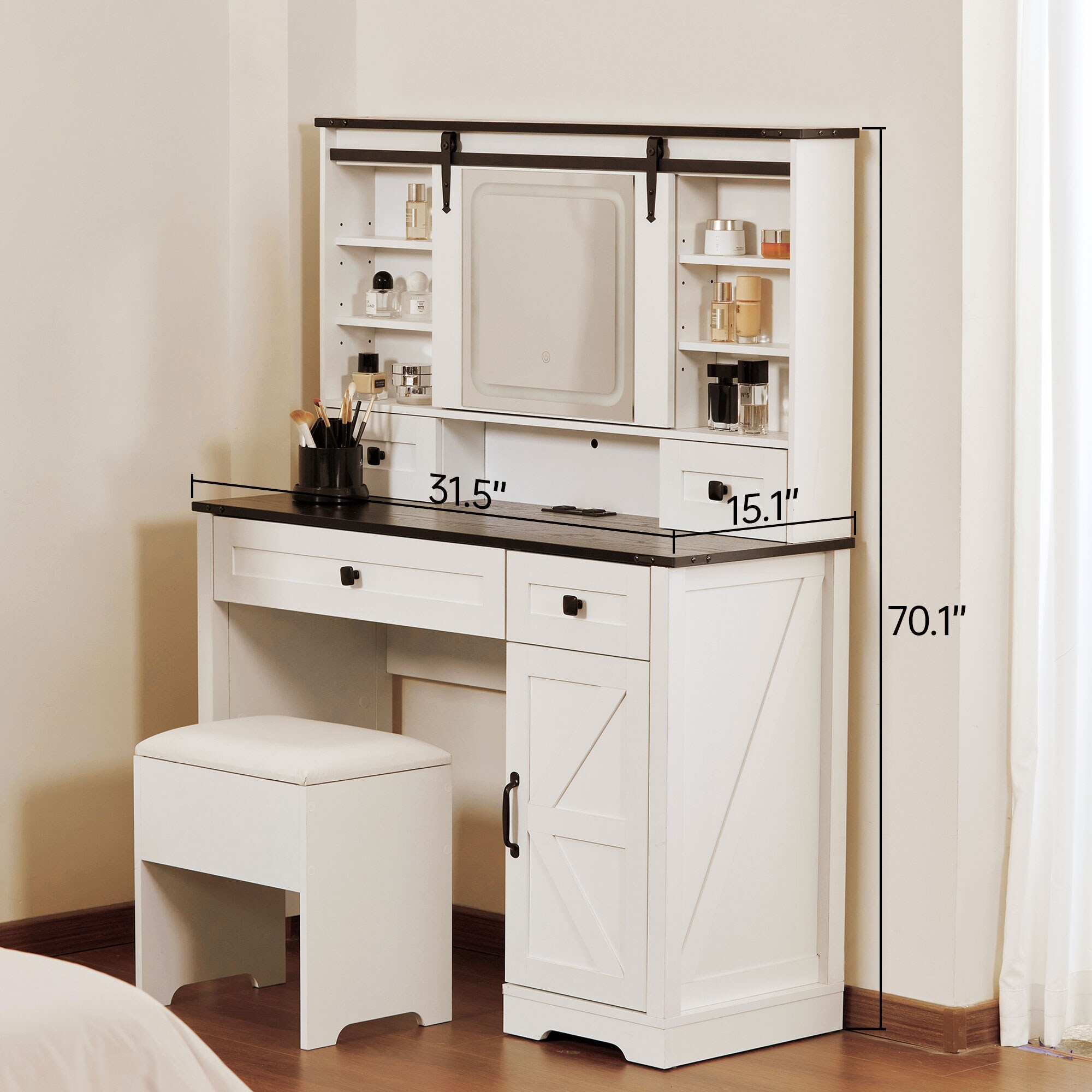 Farmhouse 42 Makeup Vanity Desk with lighted Sliding Mirror