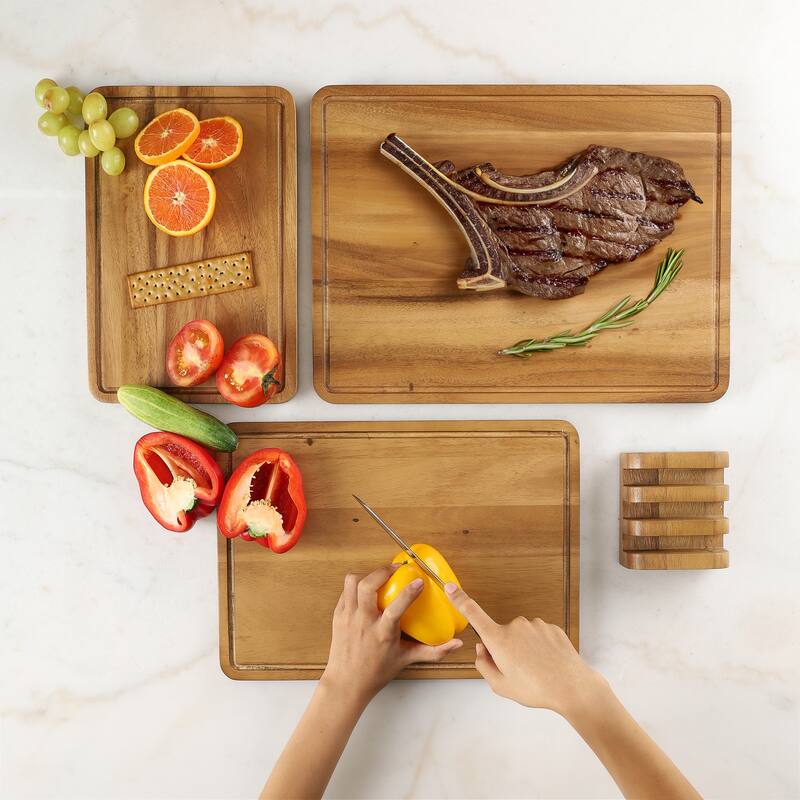 Sango Atelier Acacia Wood 3-Piece Cutting Board Set with Stand- Kitchen Chopping Boards for Meat, Vegetables & Charcuterie
