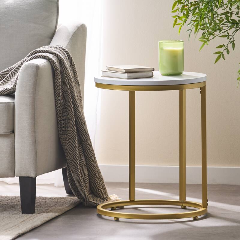 Roomfitters Round End Table with Metal Frame, Modern Accent Side Table for Living Room or Bedroom, Gold + White