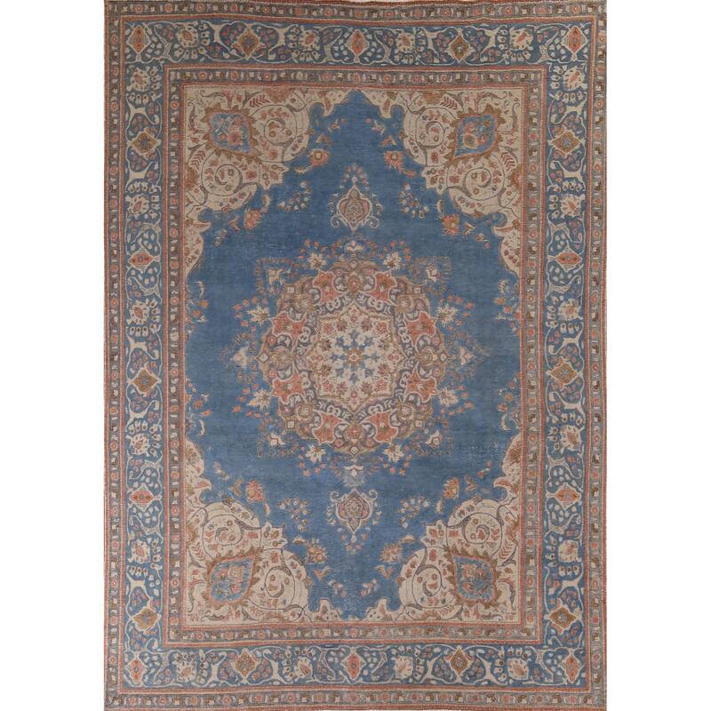 Tabriz Vintage Persian Area Rug Handmade Oriental Blue Wool Carpet - 9'8" x 12'5"