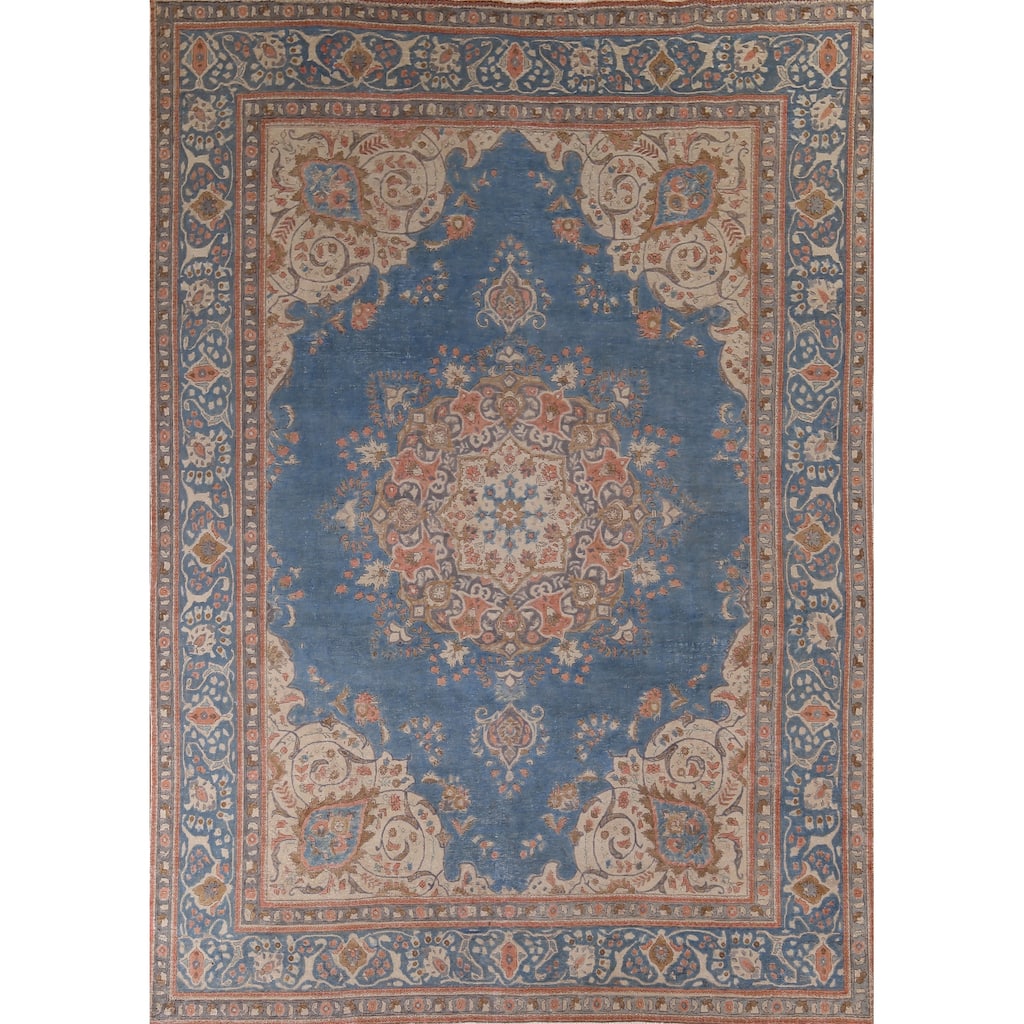Tabriz Vintage Persian Area Rug Handmade Oriental Blue Wool Carpet - 9'8" x 12'5"