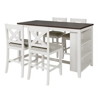 5-Pc Wooden Counter Height Dining Table Set with 4 Linen Padded Chairs ...