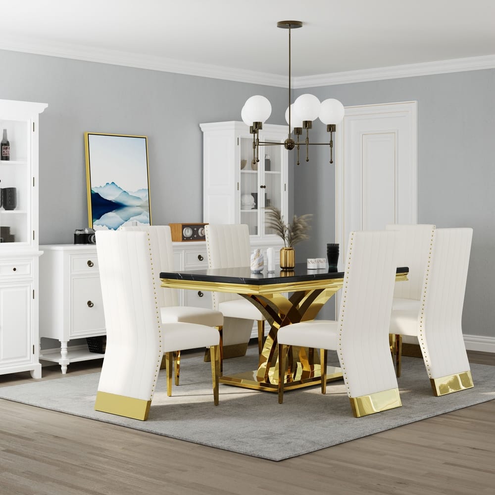 Stylish Modern X Cross Base Dining Room Table Set with Gold Dining Chairs