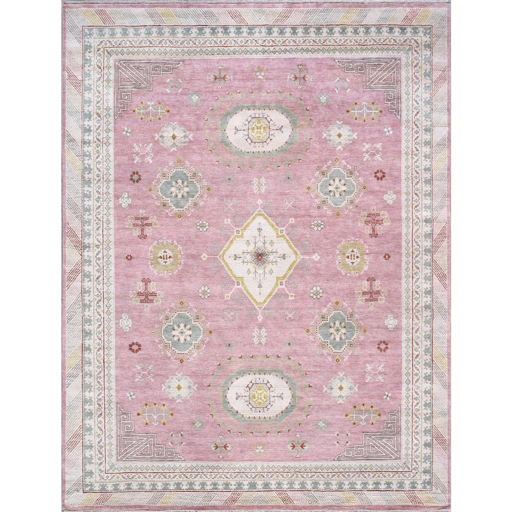 Pasargad Home Khotan Hand-Knotted Pink/Beige Wool Area Rug - 9' 2'' X 11'11''