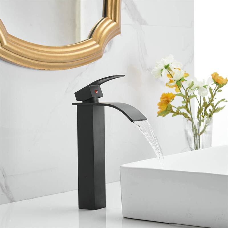 Waterfall Bathroom Vessel Faucet With Drain Assembly Single Handle Bathroom Vessel Sink Faucets 1 Hole Lavatory Vanity Basin Tap - Matte Black