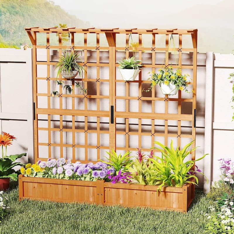 72" Raised Garden Bed Elevated Wooden Planter Box w/ Lattice Trellis