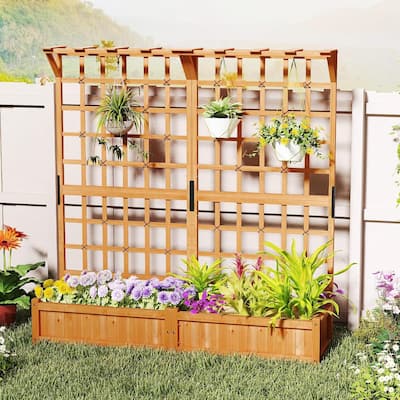 72" Raised Garden Bed Elevated Wooden Planter Box w/ Lattice Trellis