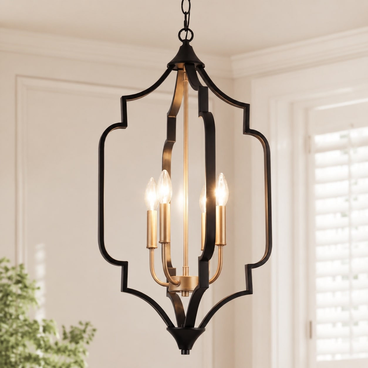 Modern 4-Light Black Gold Chandelier Metal Cage Candle Pendant Lights for Dining Room - 15" L x 15" W x 27" H