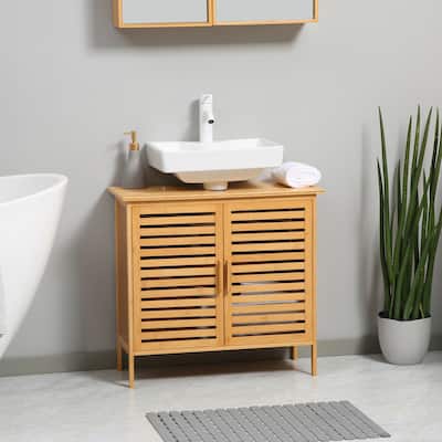 Bamboo Under Sink Cabinet with 2 Slatted Doors, Freestanding Bathroom Sink Cabinet Space Saver Organizer
