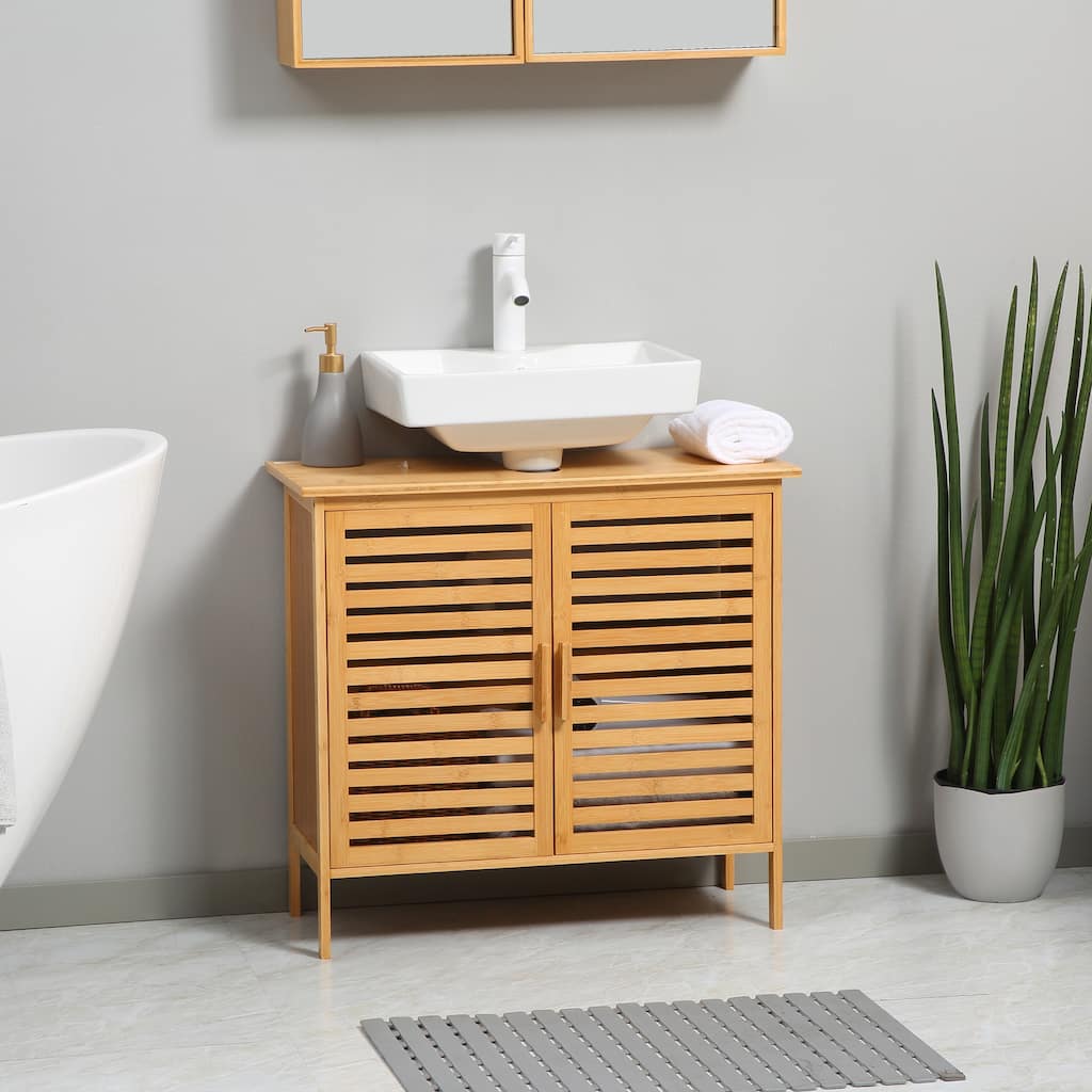 Bamboo Under Sink Cabinet with 2 Slatted Doors, Freestanding Bathroom Sink Cabinet Space Saver Organizer