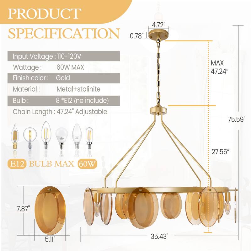 Modern 8-Light Wagon Wheel Chandelier with Tempered Glass Shape