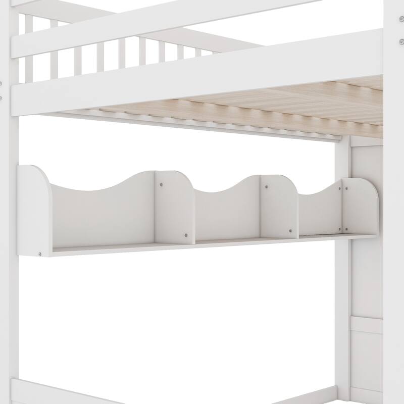 Queen Wooden Loft Bed with Storage Staircase Wardrobe, 2 Side Shelves, 3 Storage Shelves and Versatile Under-Bed Space