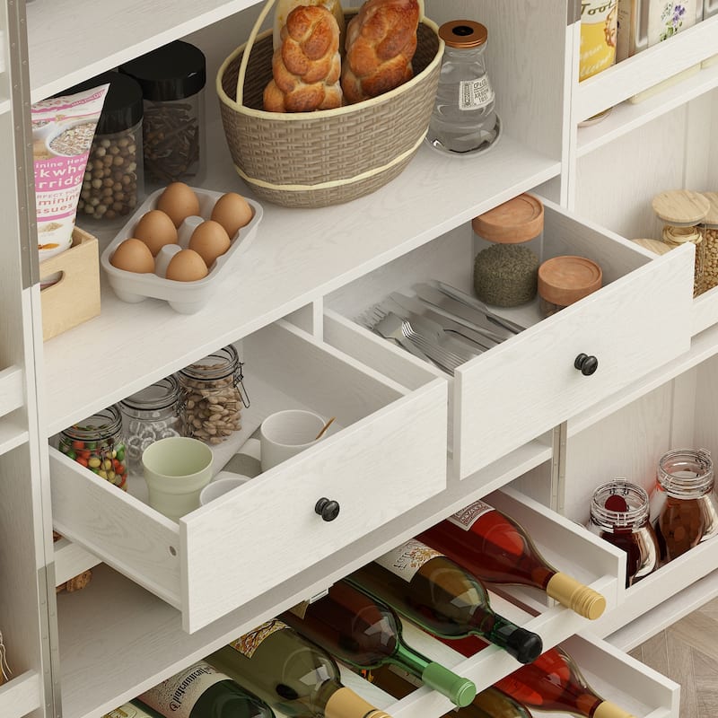 White Light Wood Grain Kitchen Cabinet with Red Wine Drawers Pantry