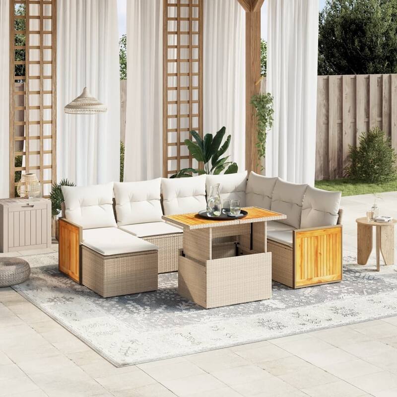 vidaXL Patio Sofa Set with Cushions Outdoor Furniture 8 Piece Poly Rattan - 21.7 x 39.4 x 28.7 in - Beige and cream