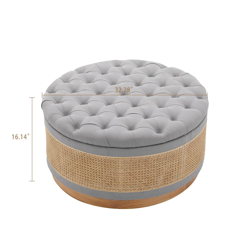 Linen & Rattan Round Storage Ottoman, Button-tufted Upholstery