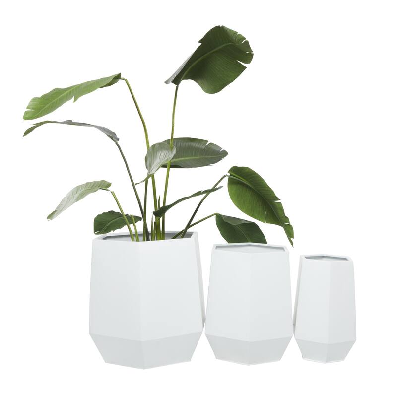 Metal Geometric Hexagon Indoor Outdoor Planter - Set of 3 White, Black, Gray - CosmoLiving by Cosmopolitan - White - 20", 16", 10"W