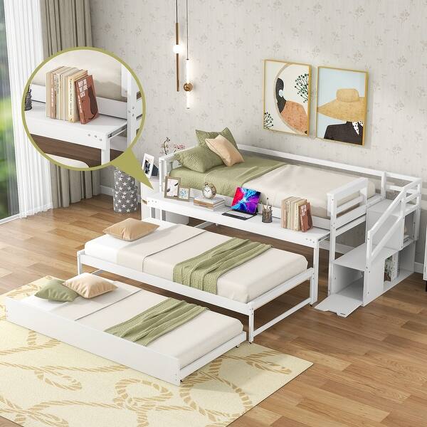 slide 2 of 9, Simple Design Pine wood+MDF Twin Size Daybed with Double Trundle, Flexible Desk and Storage Staircase. White
