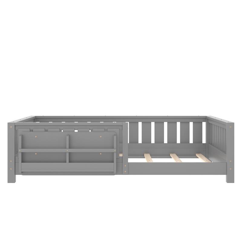 Montessori Floor Bed Low Profile Kids Bed with Rails & Bookshelf