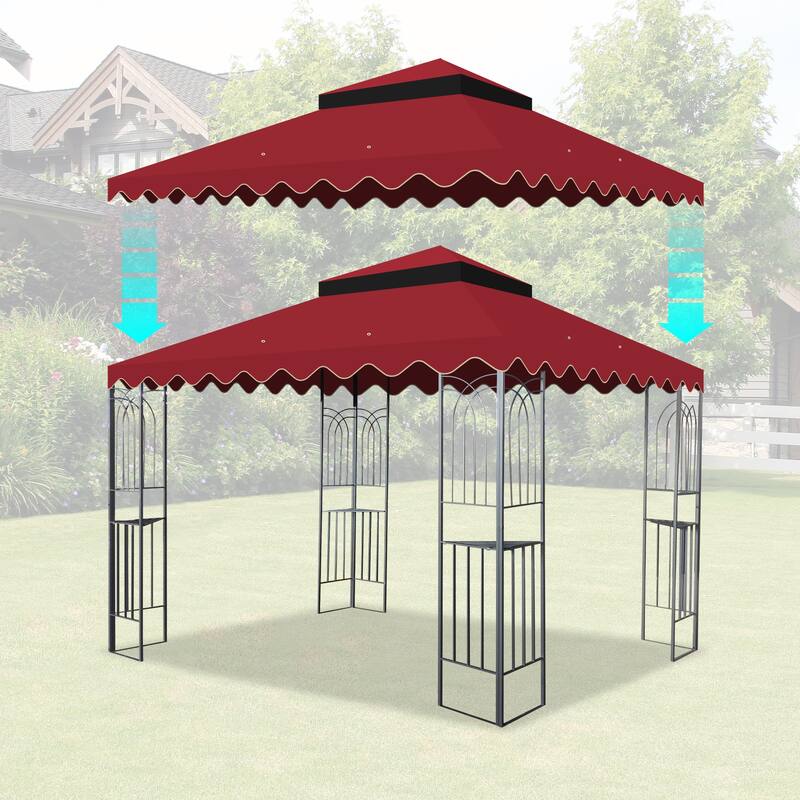 10x10 Ft Outdoor Patio Gazebo Replacement Canopy, Double Tiered Roof Cover with Wavy Border - Red