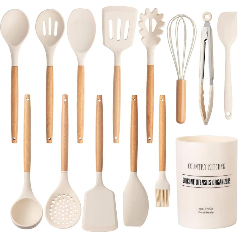 Country Kitchen Non Stick Silicone Utensil Set with Rounded Wood Handles for Cooking and Baking, 14 Piece Set - Khaki