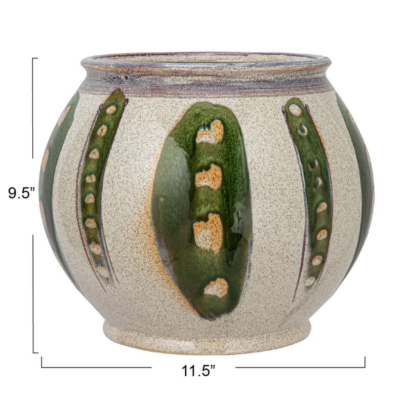Hand-Painted Stoneware Planter with Reactive Glaze