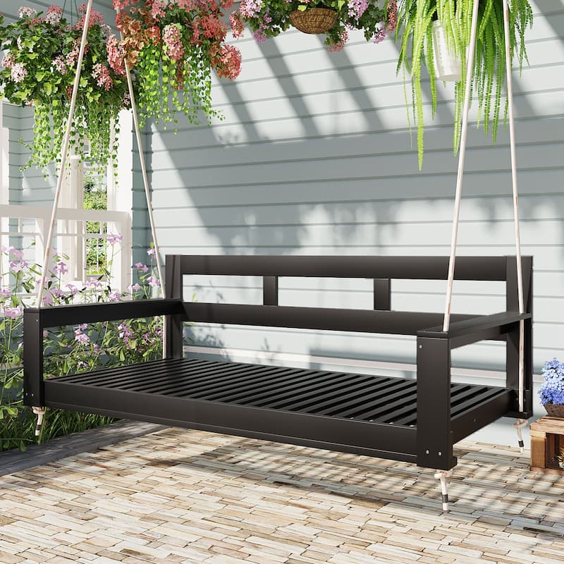 Patio Wooden Porch Swing Daybed Frame, Garden Swing Bench Chair with 4 Hanging Ropes (Cushions and pillows not included)