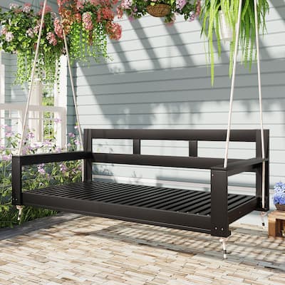Patio Wooden Porch Swing Daybed Frame, Garden Swing Bench Chair with 4 Hanging Ropes (Cushions and pillows not included)