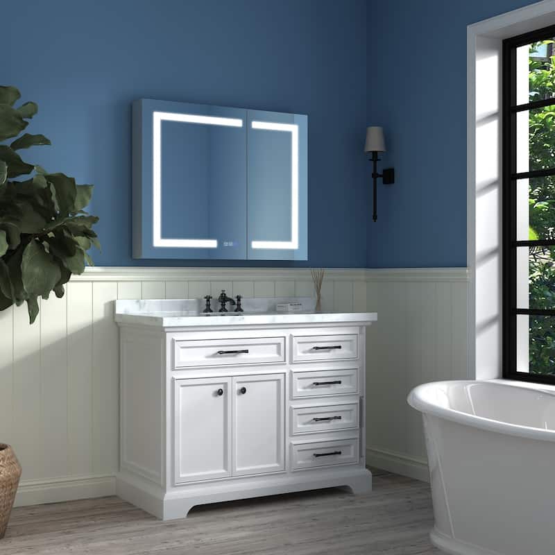 ExBrite LED Lighted Bathroom Medicine Cabinet with Mirror,Recessed or Surface Mount, Defog