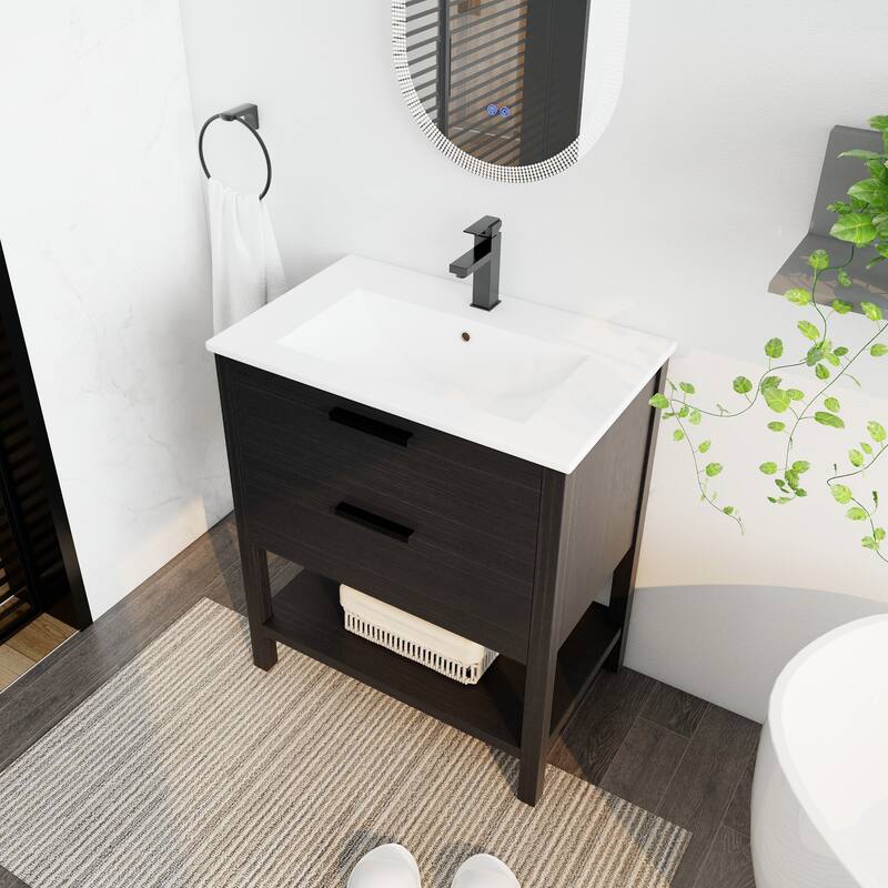 30" Bathroom Vanity with Ceramic Sink, Freestanding, Soft Closing Drawers, 4 Wood Feet, Durable and Water-Resistant