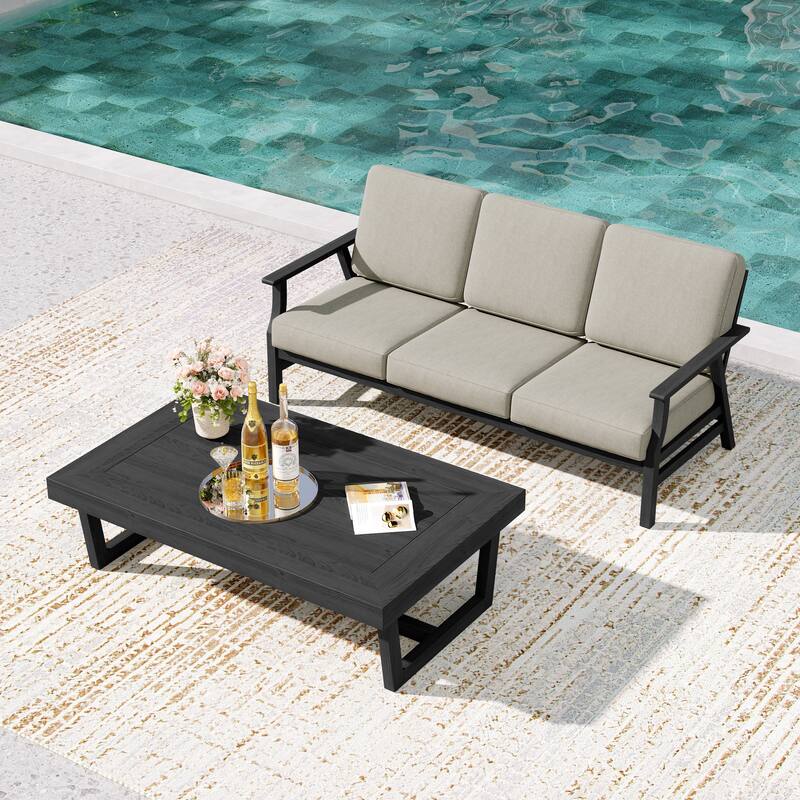2-Piece Teak Outdoor Sofa Set with Table - Light Camel/coffee table - Black Wood