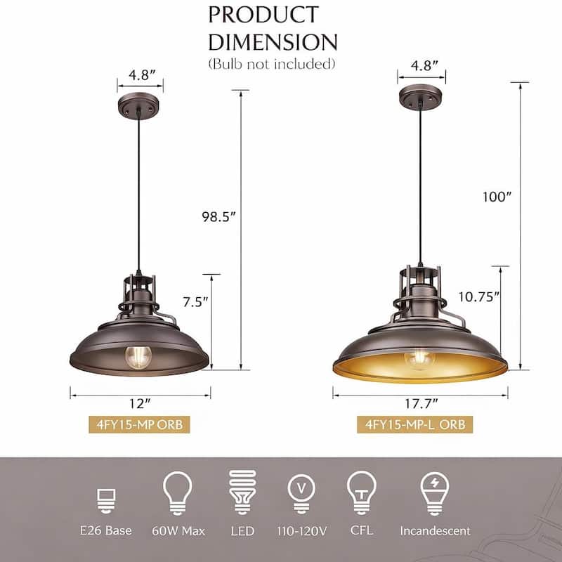 Farmhouse Vintage Barn Pendant Light Oil with Rubbed Bronze Finish