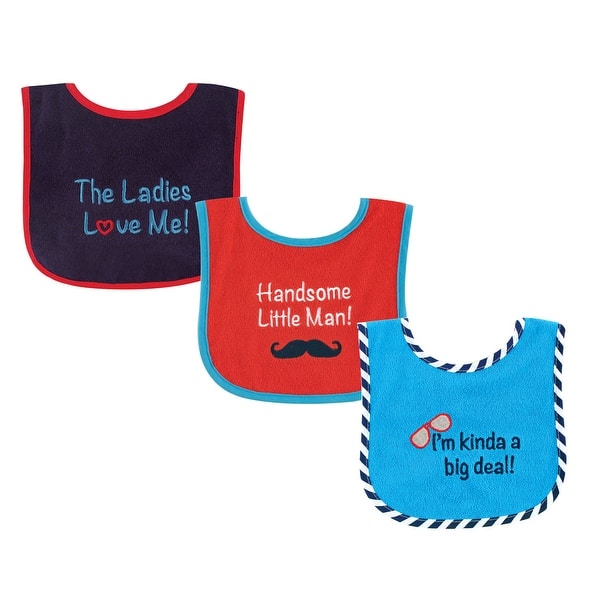 slide 1 of 1, Luvable Friends Baby Boy Cotton Terry Drooler Bibs with PEVA Back 3pk, Handsome, One Size - Handsome - One Size One Size - Handsome