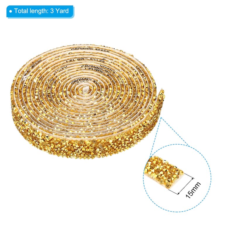 3 Yards Resin Rhinestone Ribbon Crystal Strips Self Adhesive - Golden - 15mm
