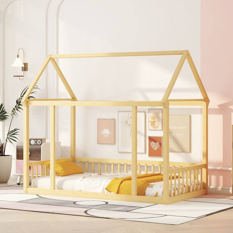 Twin/Full Size Floor Bed with Wooden House Roof Frame and Safety Guardrails for Children's Bedrooms, Small Space