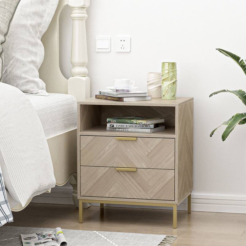 Anmytek Mid-Century 2 Drawer Nightstand Wood Grain Bedside Table Side Table with Open Shelf