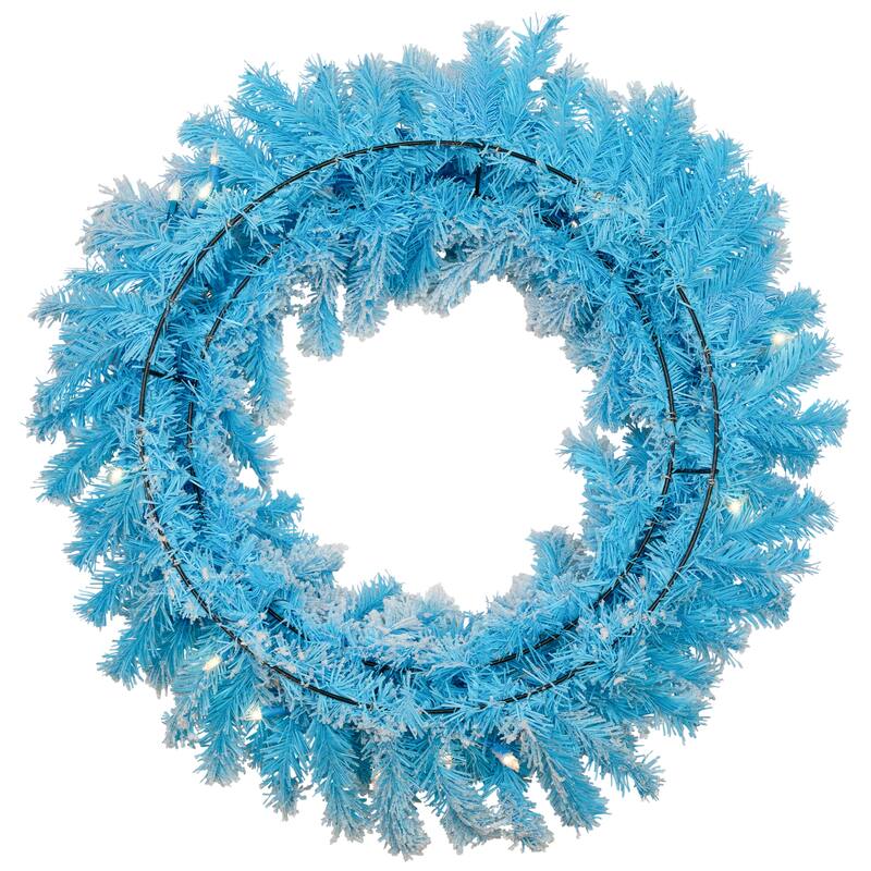 Pre-Lit Flocked Pine Artificial Christmas Wreath - 24" - Sky Blue - Clear Lights