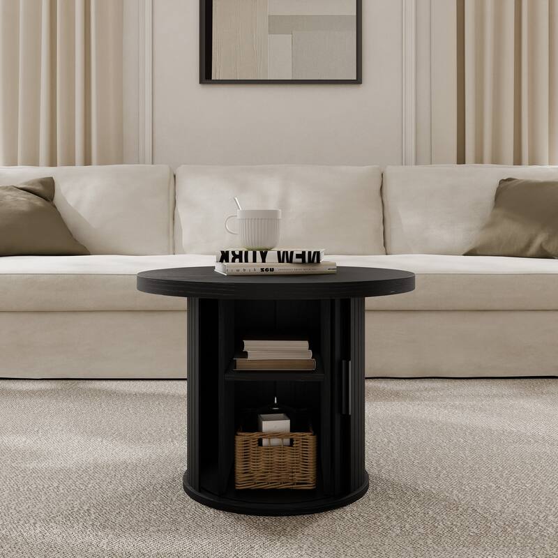 Mid Century Modern Round Coffee Table with Storage, Tambour Door Design Table for Living Room - 17.7'' H X 23.6'' L X 23.6'' W - Black