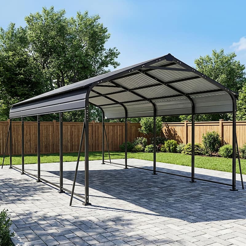 Steel Carport with Reinforced Frame, Windproof Ground Anchors - 20 x 12 FT-Dark gray