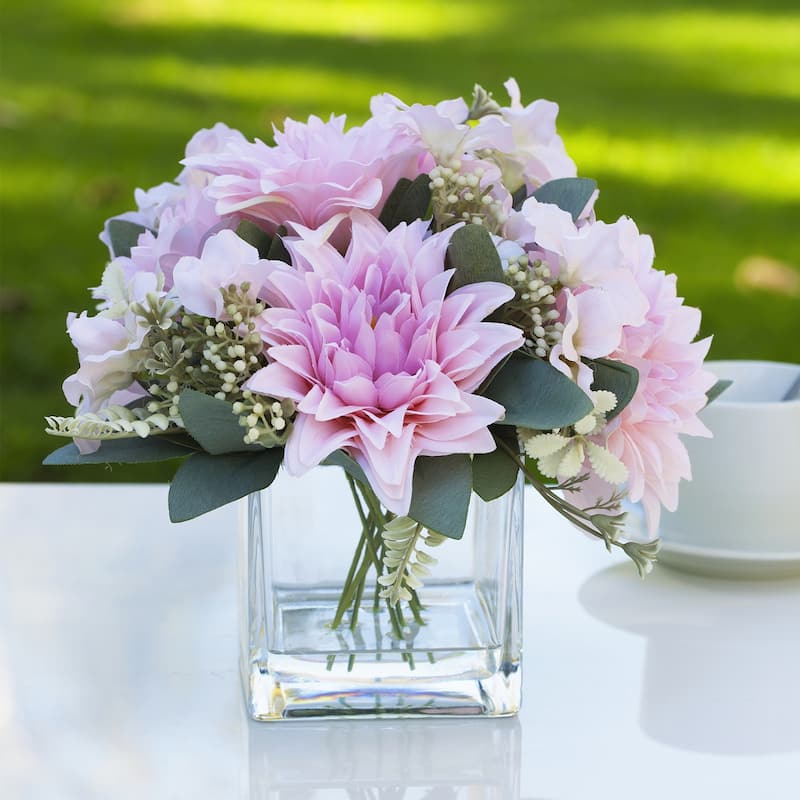 Enova Home Mixed Artificial Silk Dahlia Faux Flowers Arrangement in Cube Glass Vase with Acrylic Water for Home Office Decor