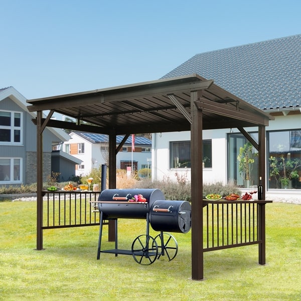 Domi 6.5 ft. x 12 ft. Hardtop Grill Gazebo with 2 Side Shelves and Ceiling Hooks, Outdoor BBQ Canopy